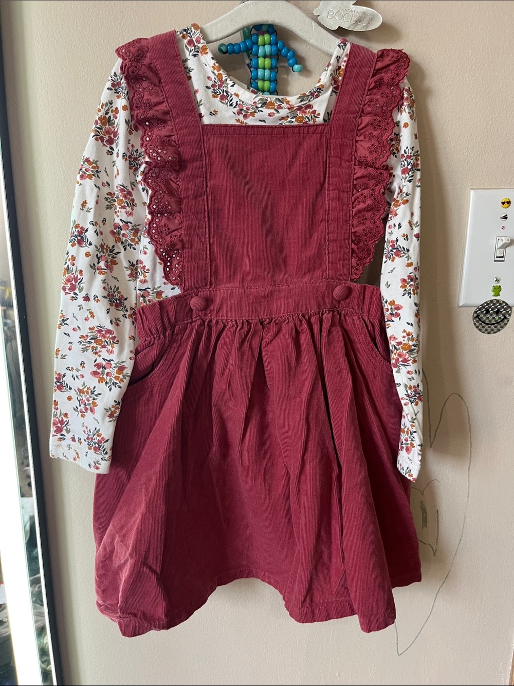 Shabby Chic Burgundy Corduroy Pinafore Dress with Floral Top
